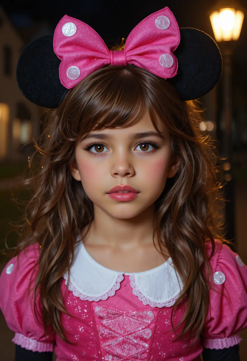 Um menino nervoso com uma fantasia de Halloween da Minnie Mouse em rosa-choque
