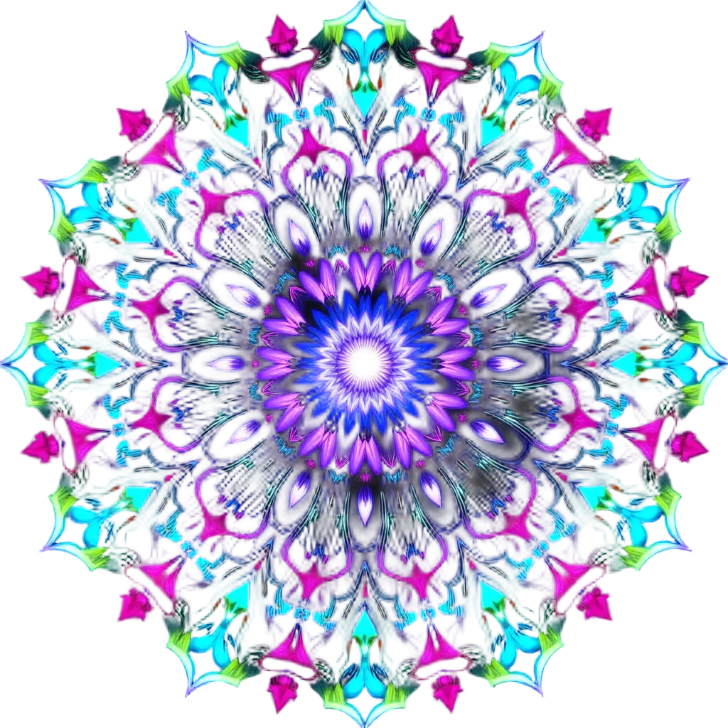 Strahlendes geometrisches Mandala in Neonfarben vor tiefschwarzem Hintergrund