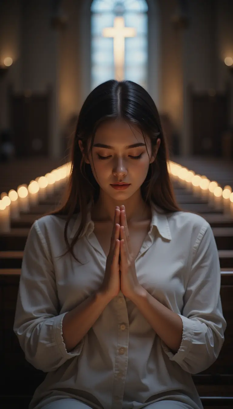 Une jeune femme prie seule dans une église faiblement éclairée, la nuit
