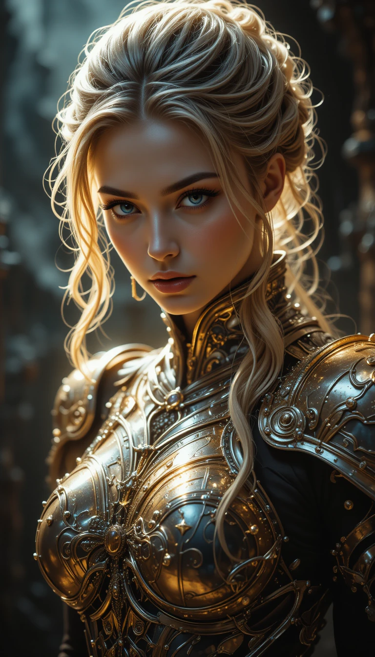 A Fantasy Woman in Shimmering Armor Against a Shadowy Backdrop