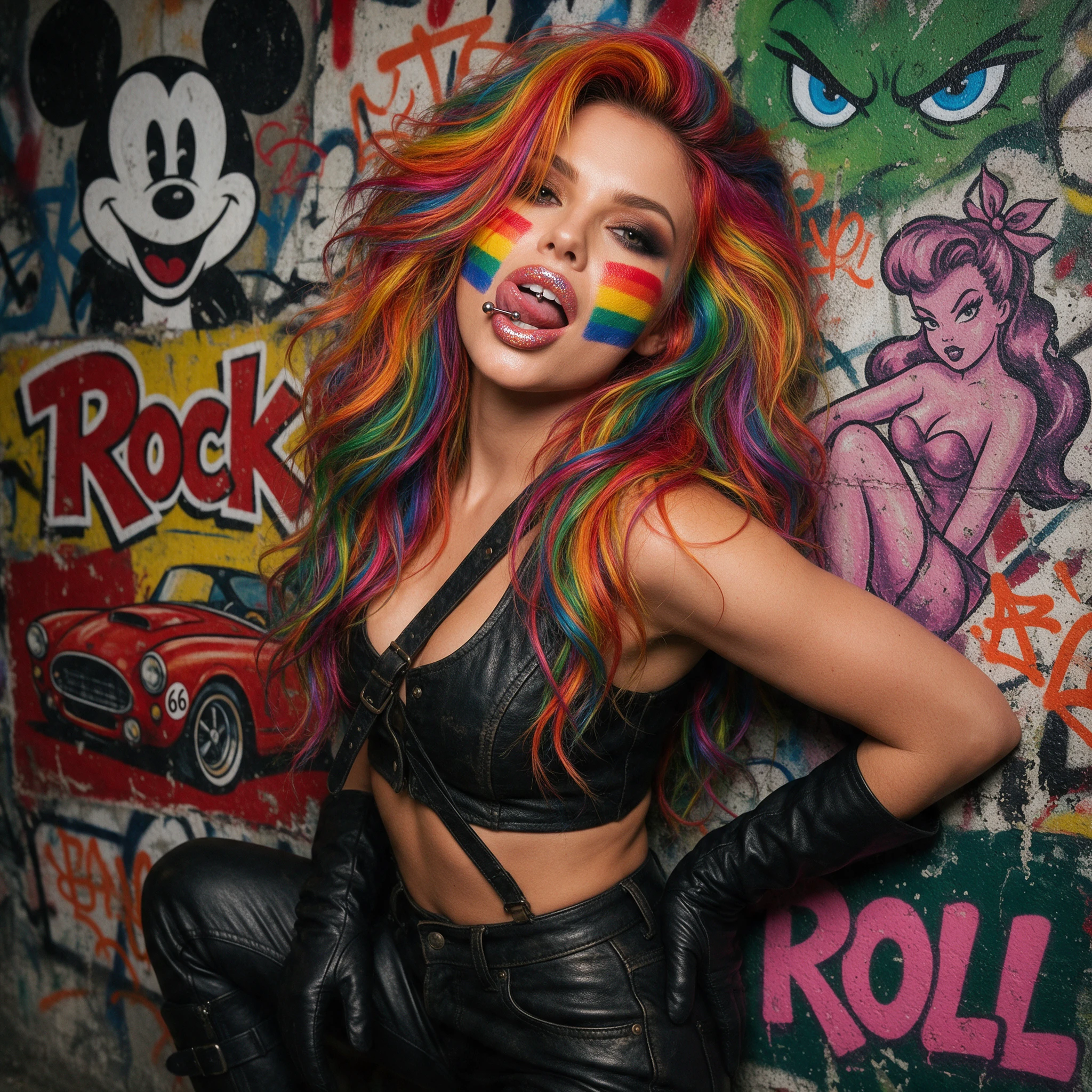 A woman with rainbow face paint licks her glittering upper lip