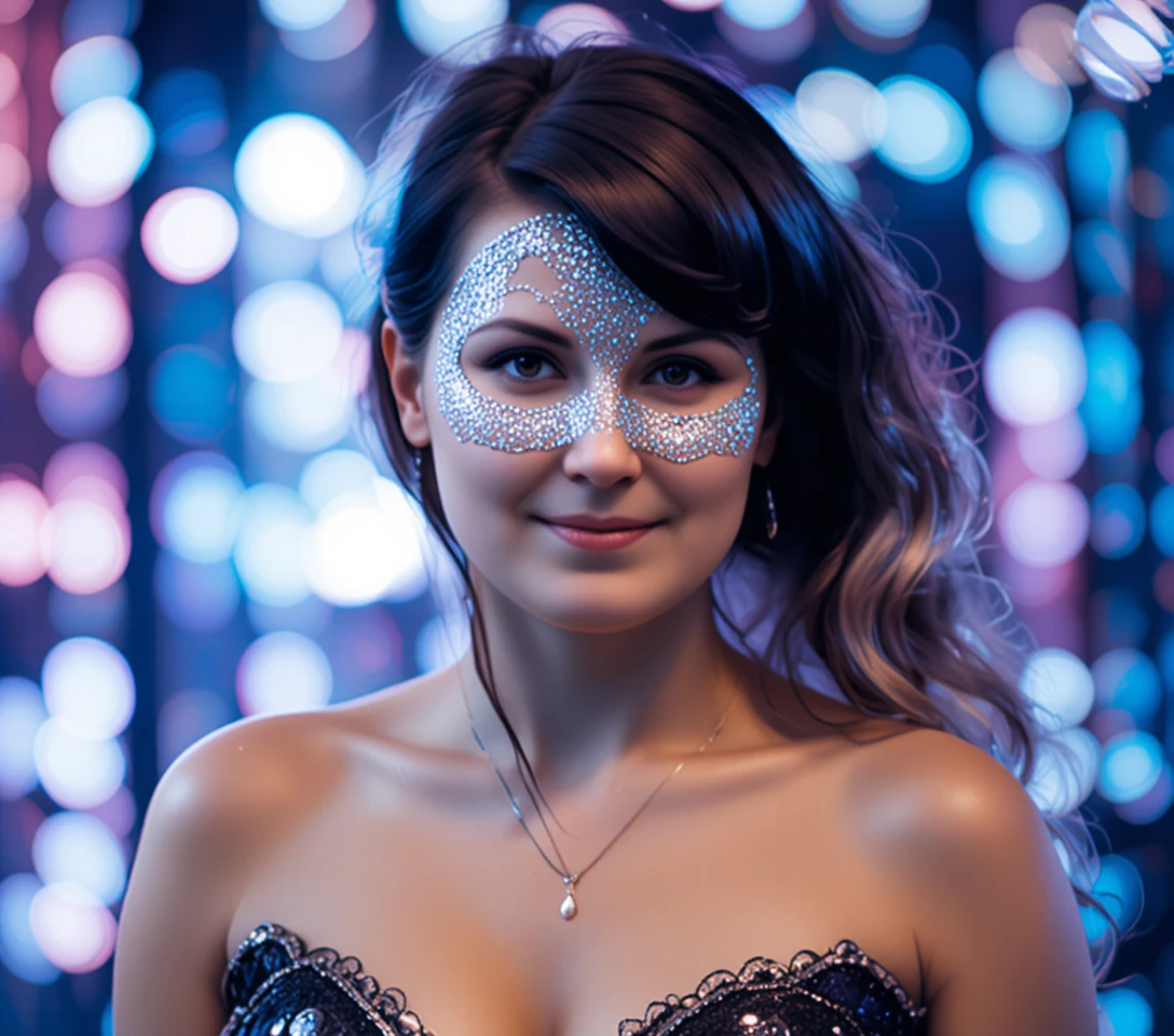 Uma mulher com uma máscara elaborada que cobre metade do rosto posa num palco de discoteca