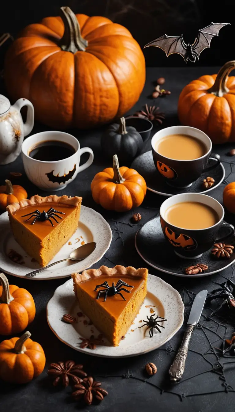 Pumpkin pie reveals nuts and condensed milk beside a festive coffee set