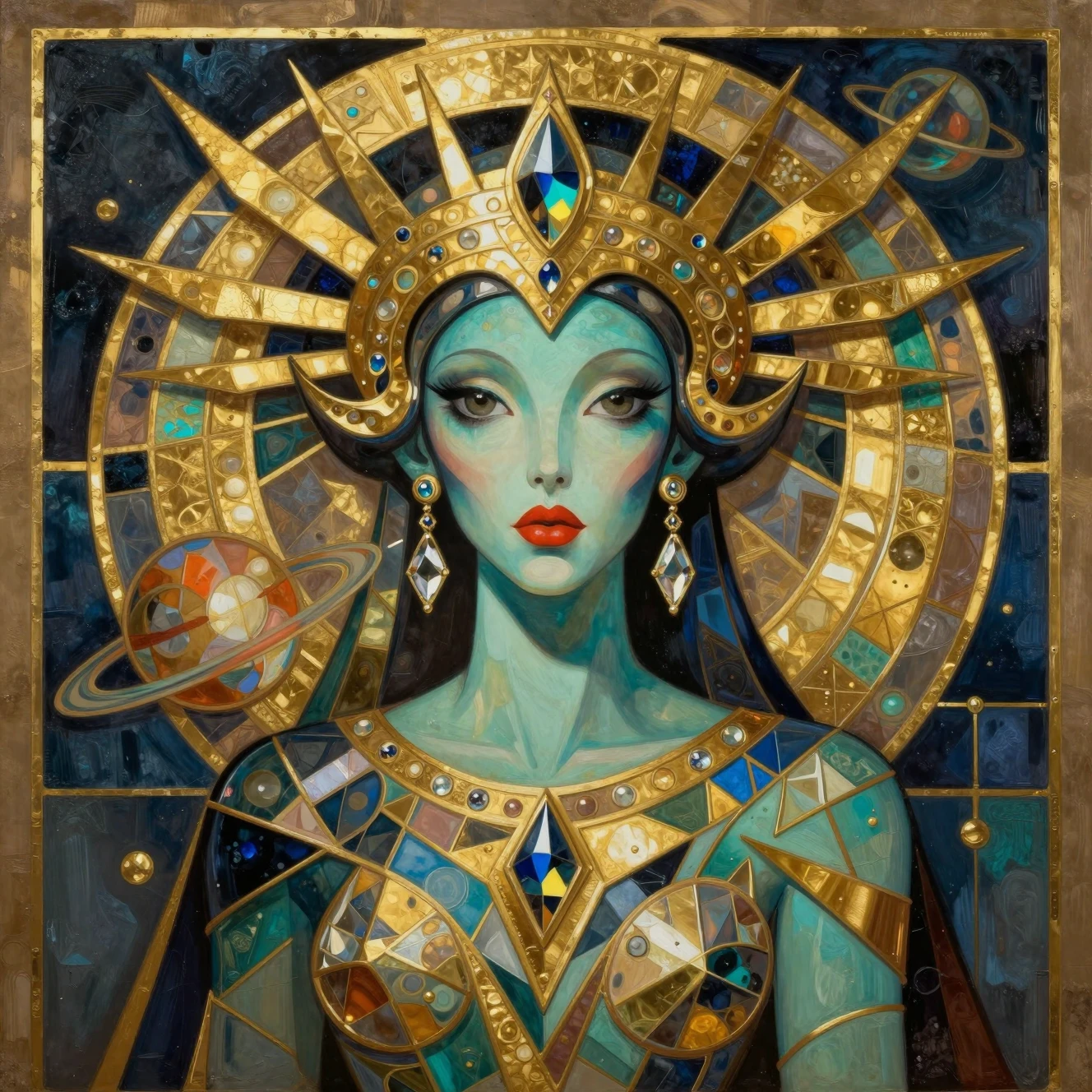 Uma rainha da beleza extraterrestre em estilo cubista abstrato