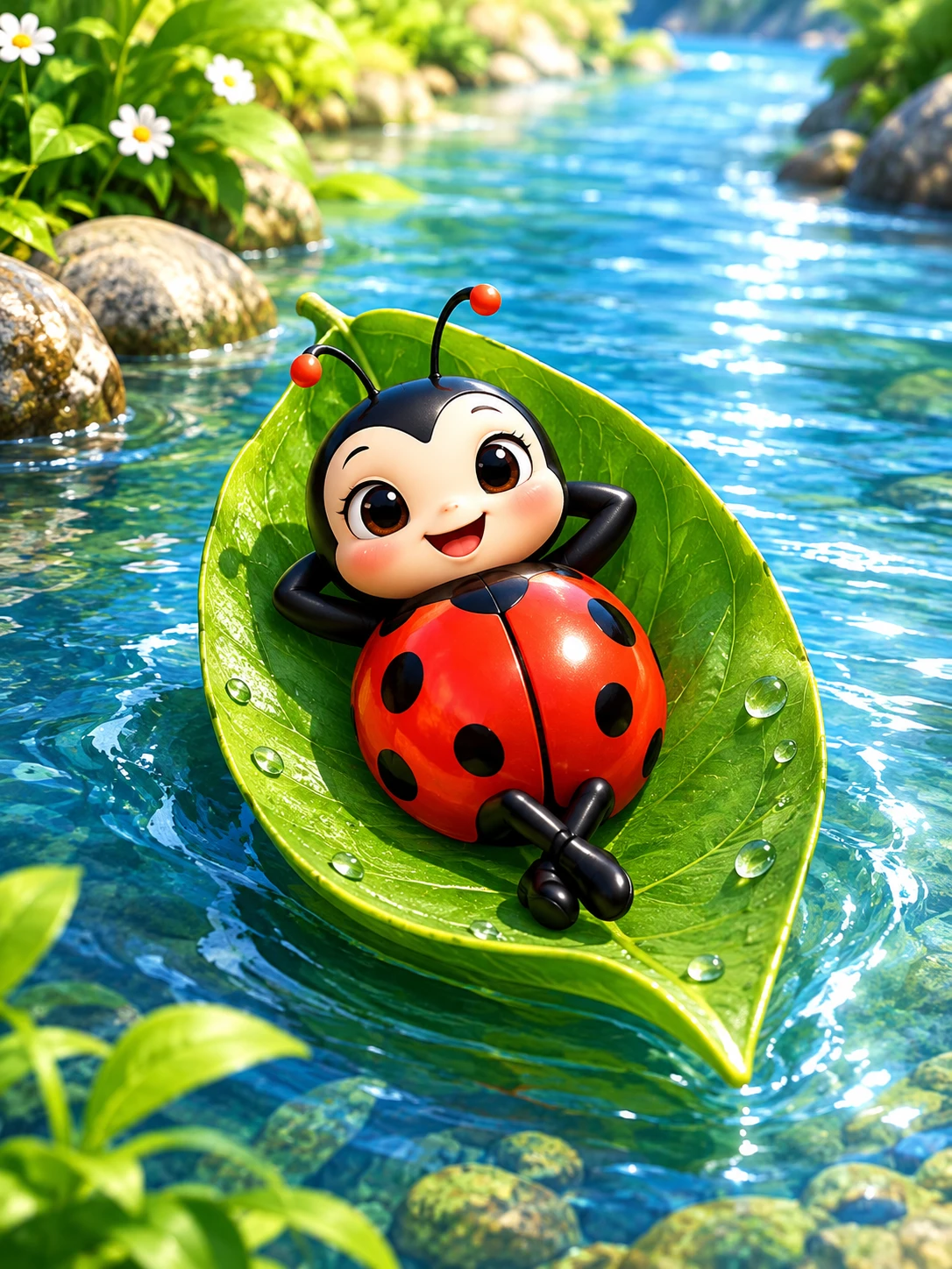 Una coccinella sorridente si rilassa su una foglia che galleggia lungo il fiume