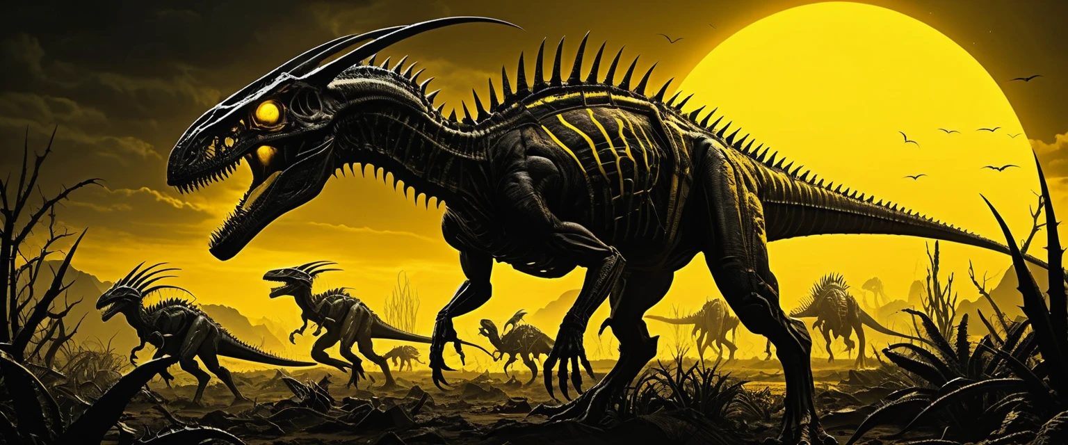 Dinossauros mutantes correm por uma paisagem assustadora de plantas mortas e poços de piche
