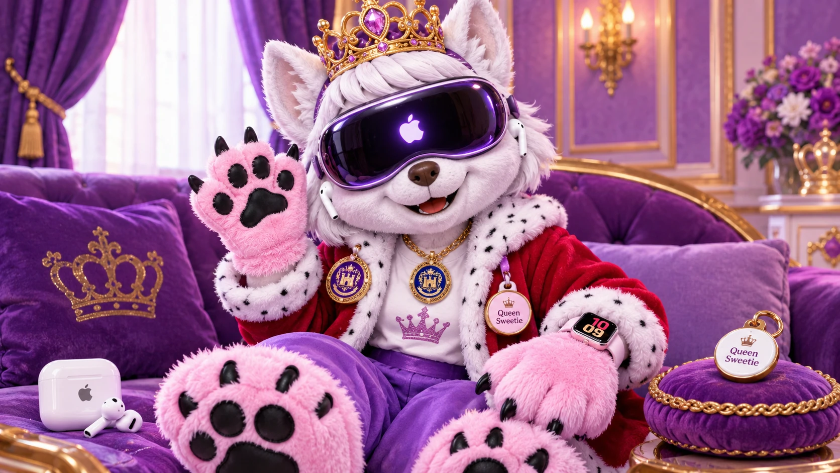 Uma princesa mascote de cão com coroa e vestido de princesa