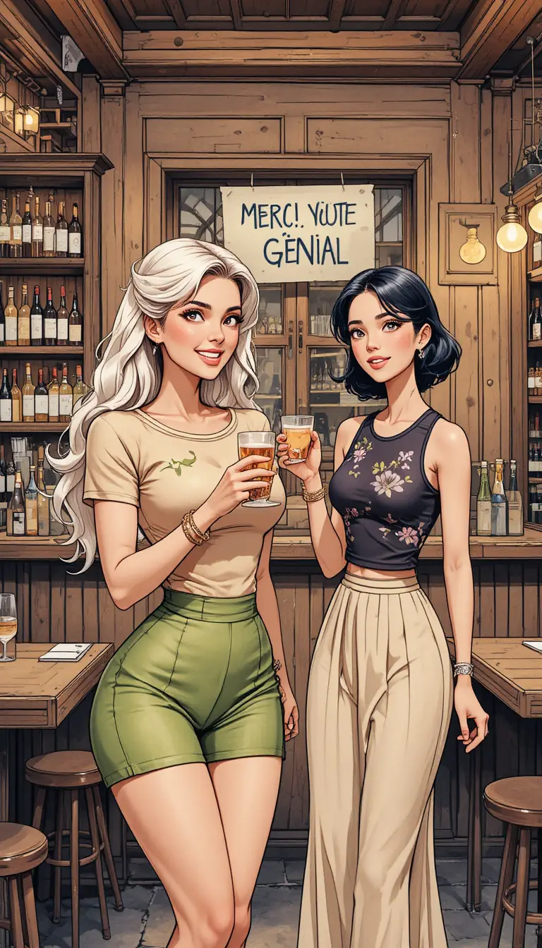 兩位女子在溫暖琥珀色燈光籠罩的鄉村風酒吧舉杯