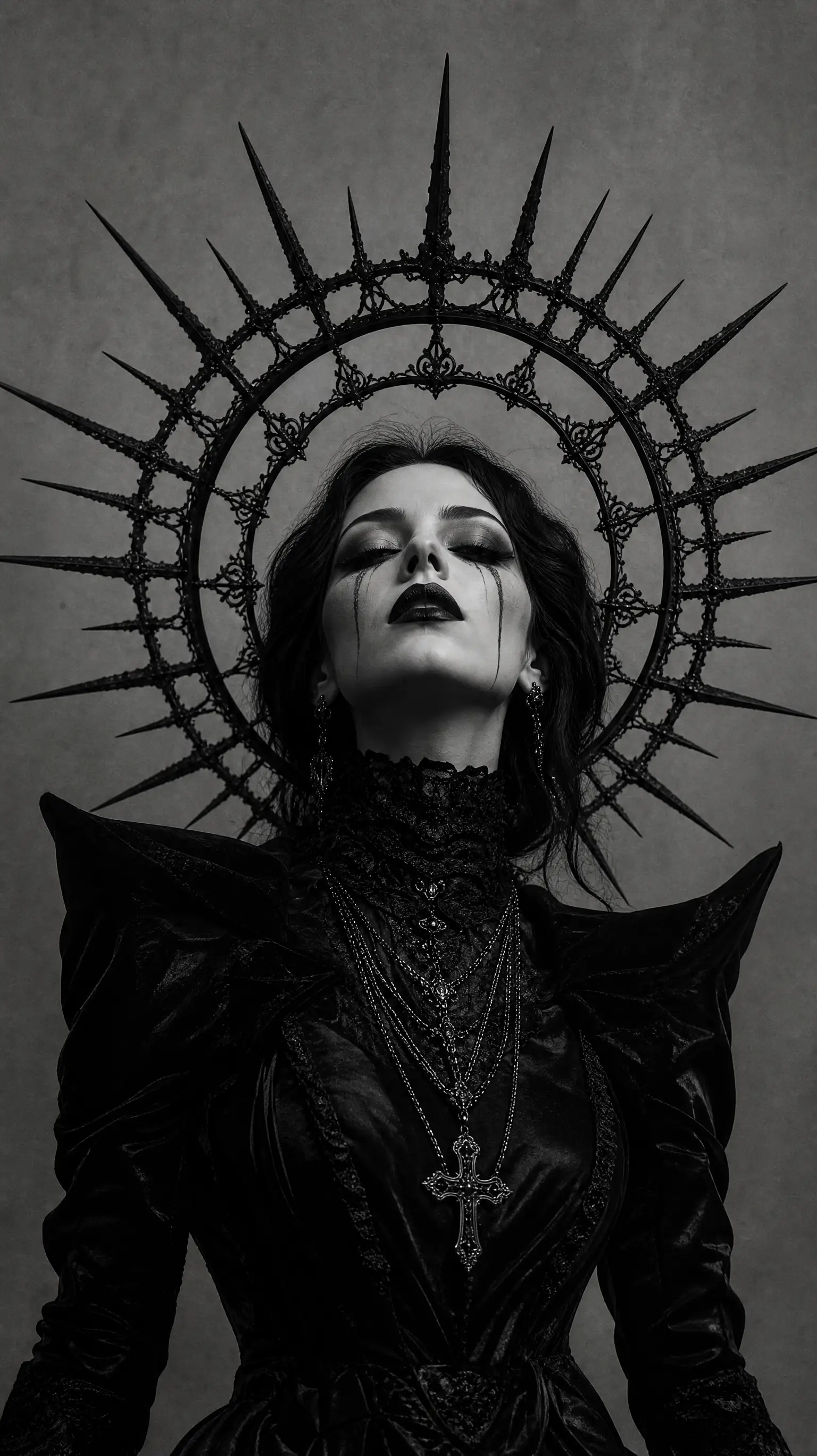 A monochrome gothic portrait of a woman beneath a spiked black halo