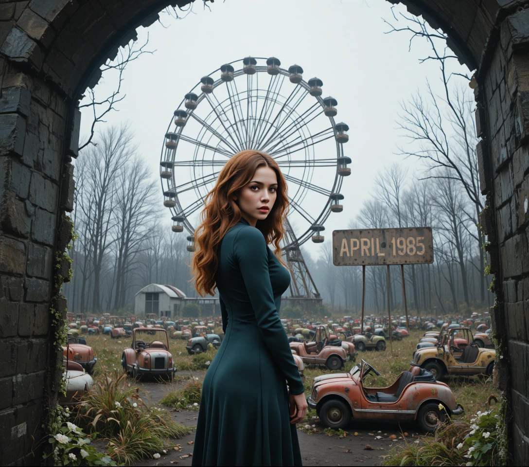 Uma mulher cautelosa está entre as ruínas de um parque de diversões abandonado