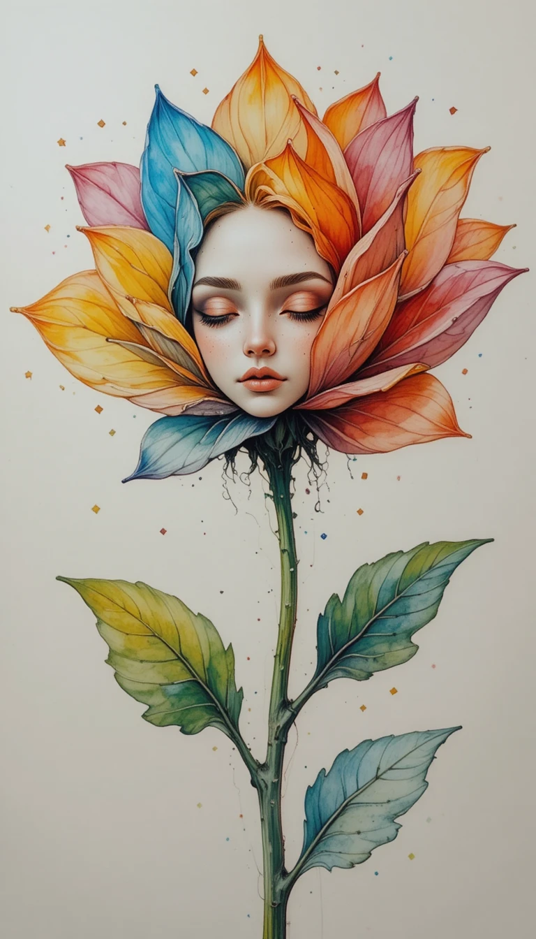 人臉與繽紛花瓣融為一體的恬靜花朵