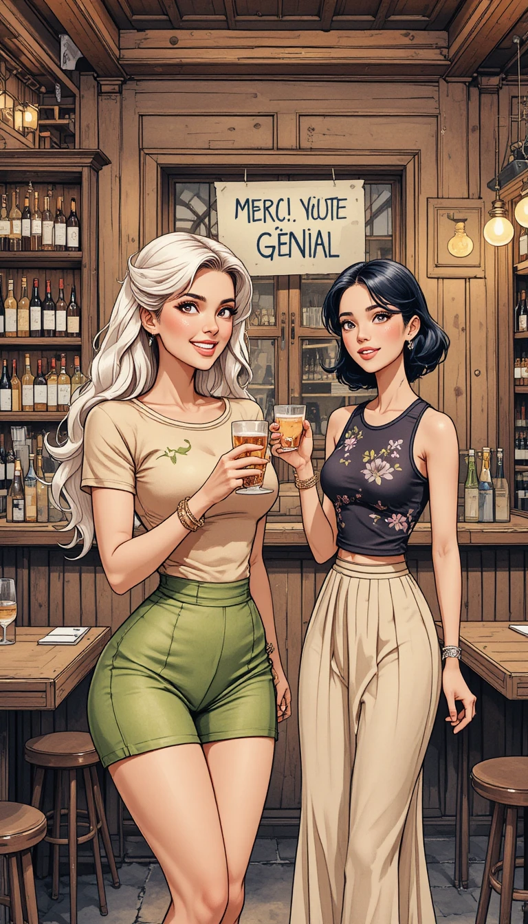 Duas mulheres brindam num bar rústico sob uma luz âmbar acolhedora