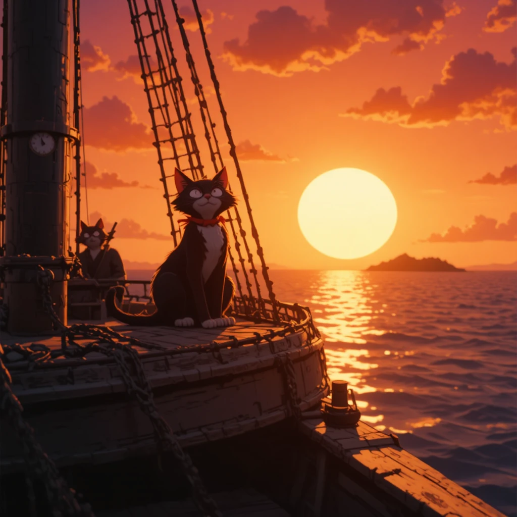 Un chat farfelu se perche sur un vieux voilier au coucher du soleil
