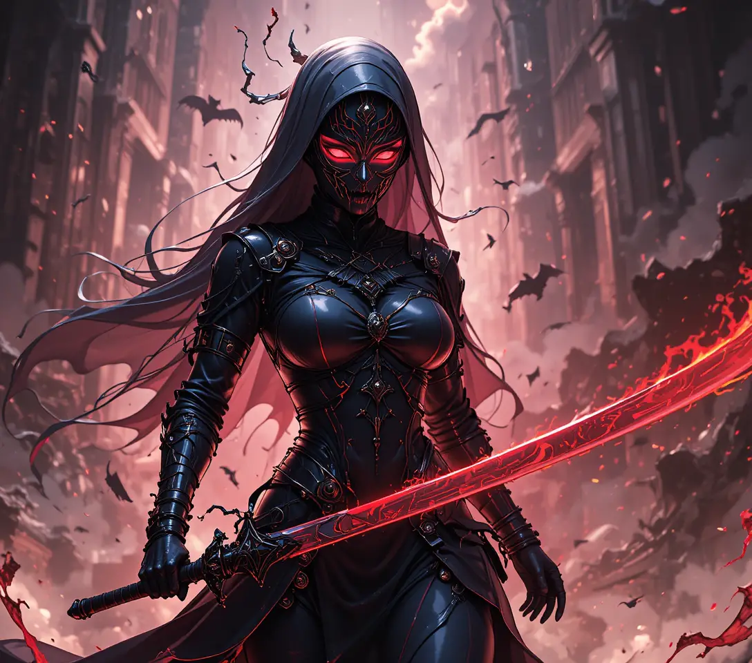 Una suora assassina in stile anime è pronta, con una maschera d'ombra e una spada larga