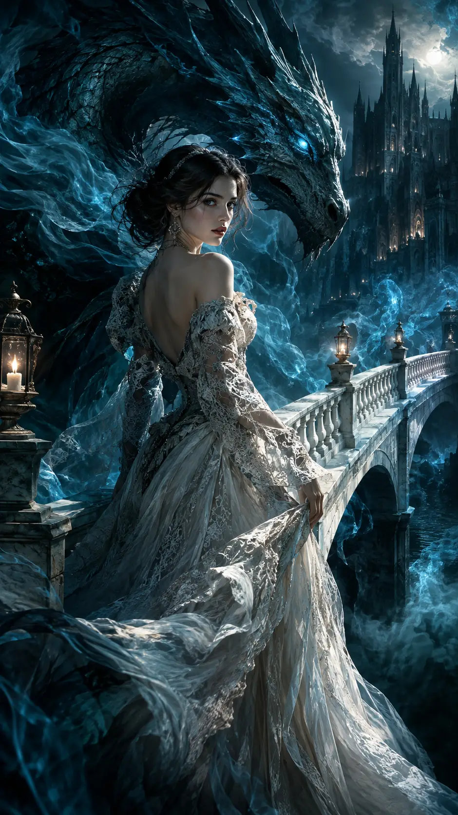 A white bridge amid swirling magical smoke and deep gothic shadows