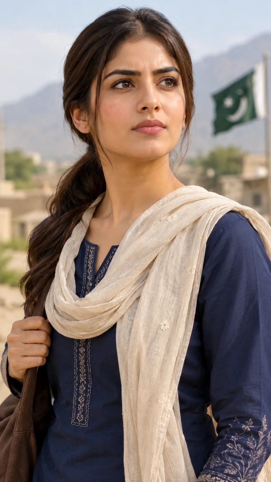 Uma mulher paquistanesa de shalwar kameez com expressão corajosa