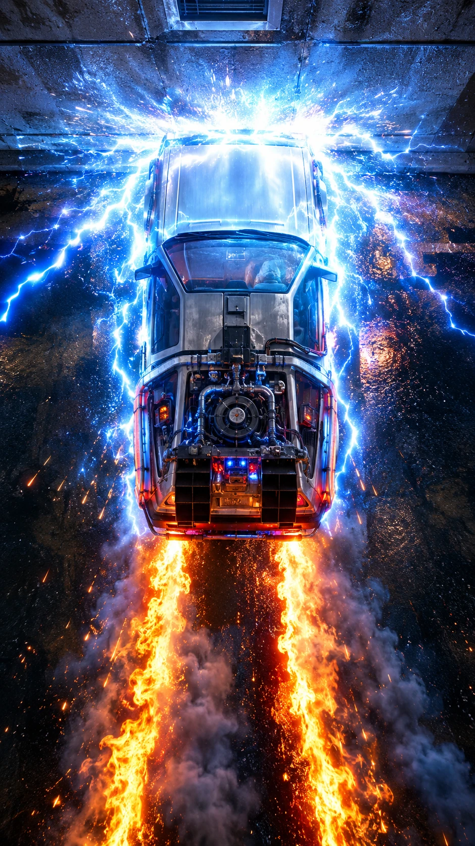 Uma máquina do tempo DeLorean envolta em energia ao lado da parede de um edifício