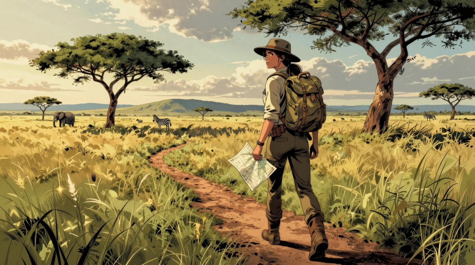 Uma exploradora destemida percorre uma antiga trilha pela savana dourada