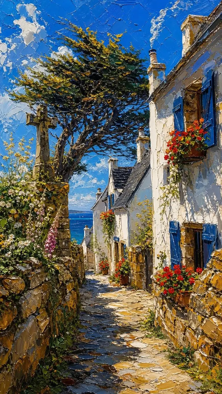 A sunlit breton village lane winding between ancient granite walls