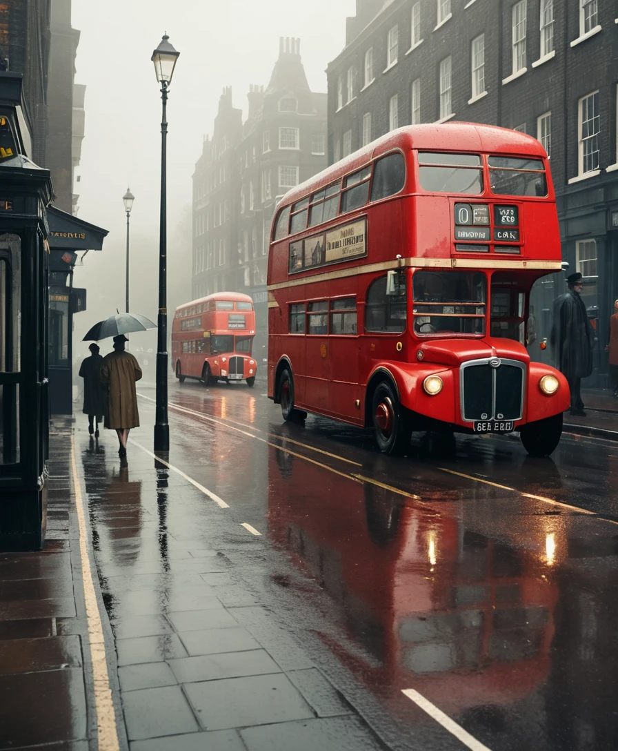 Um ônibus vermelho de dois andares espera em uma rua chuvosa de Londres