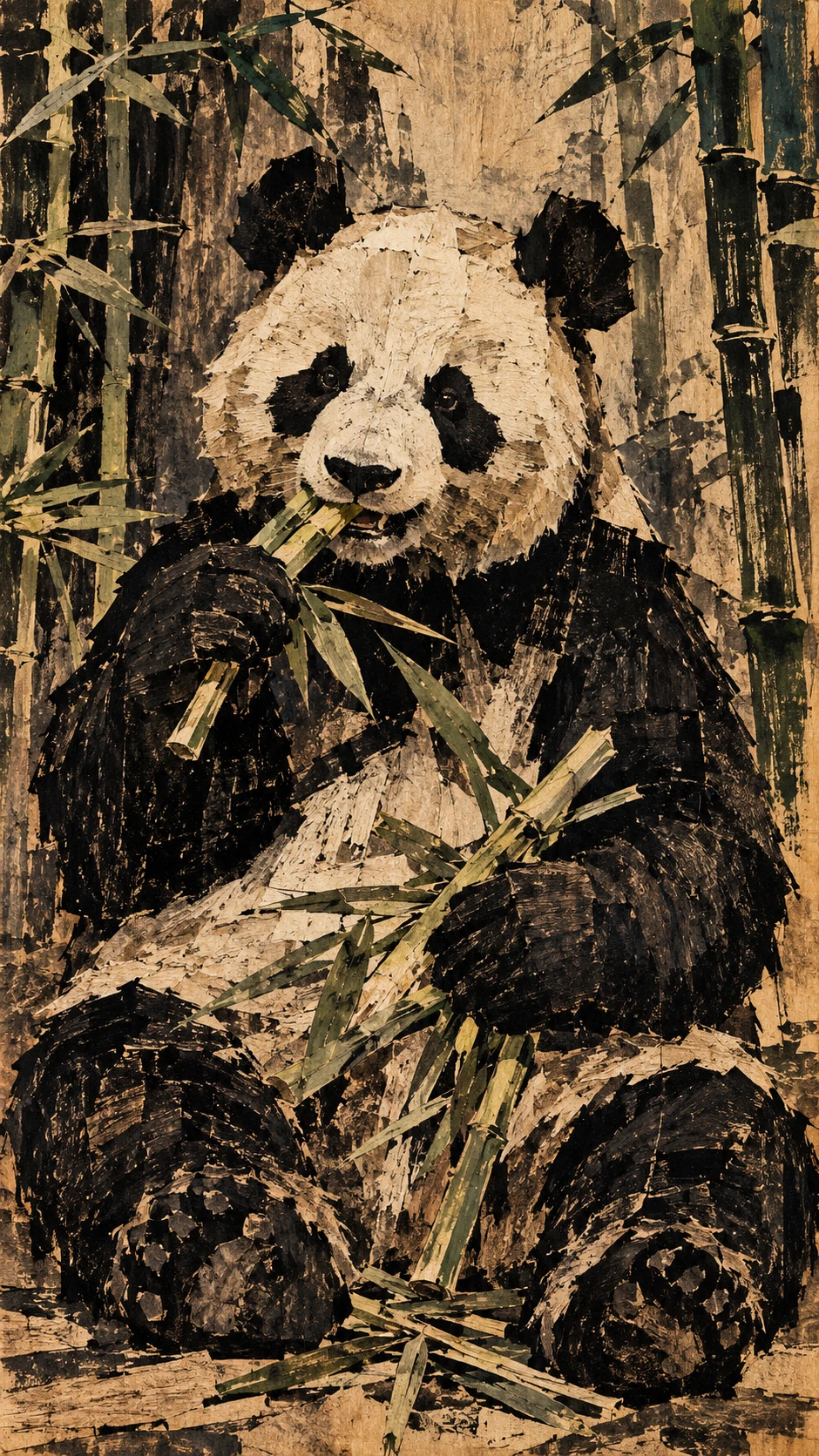 A seated panda eats bamboo in a bamboo grove