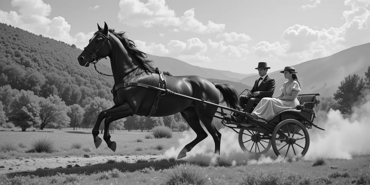 Um cavalo a galope puxa um casal numa carruagem de duas rodas