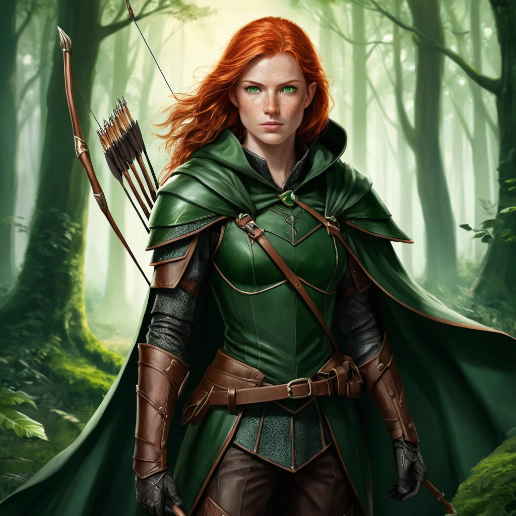 Une archère rousse et tachetée de rousseur, aux yeux verts et armée d'un long arc magique