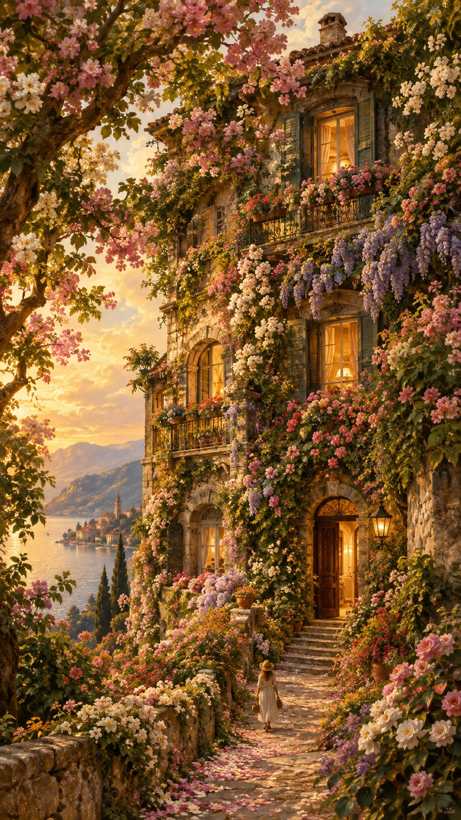 Uma antiga casa europeia envolta em árvores floridas e flores trepadeiras