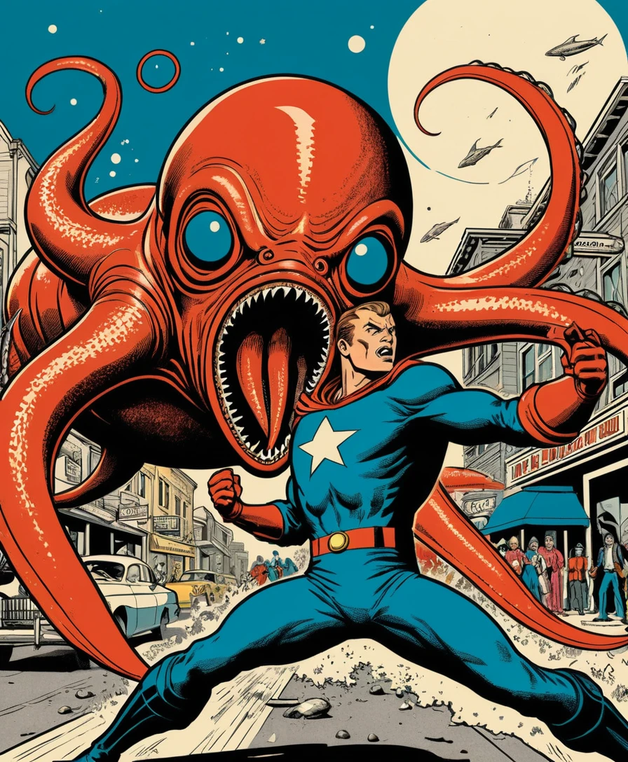 A superhero battles a giant squid on a typical American main street