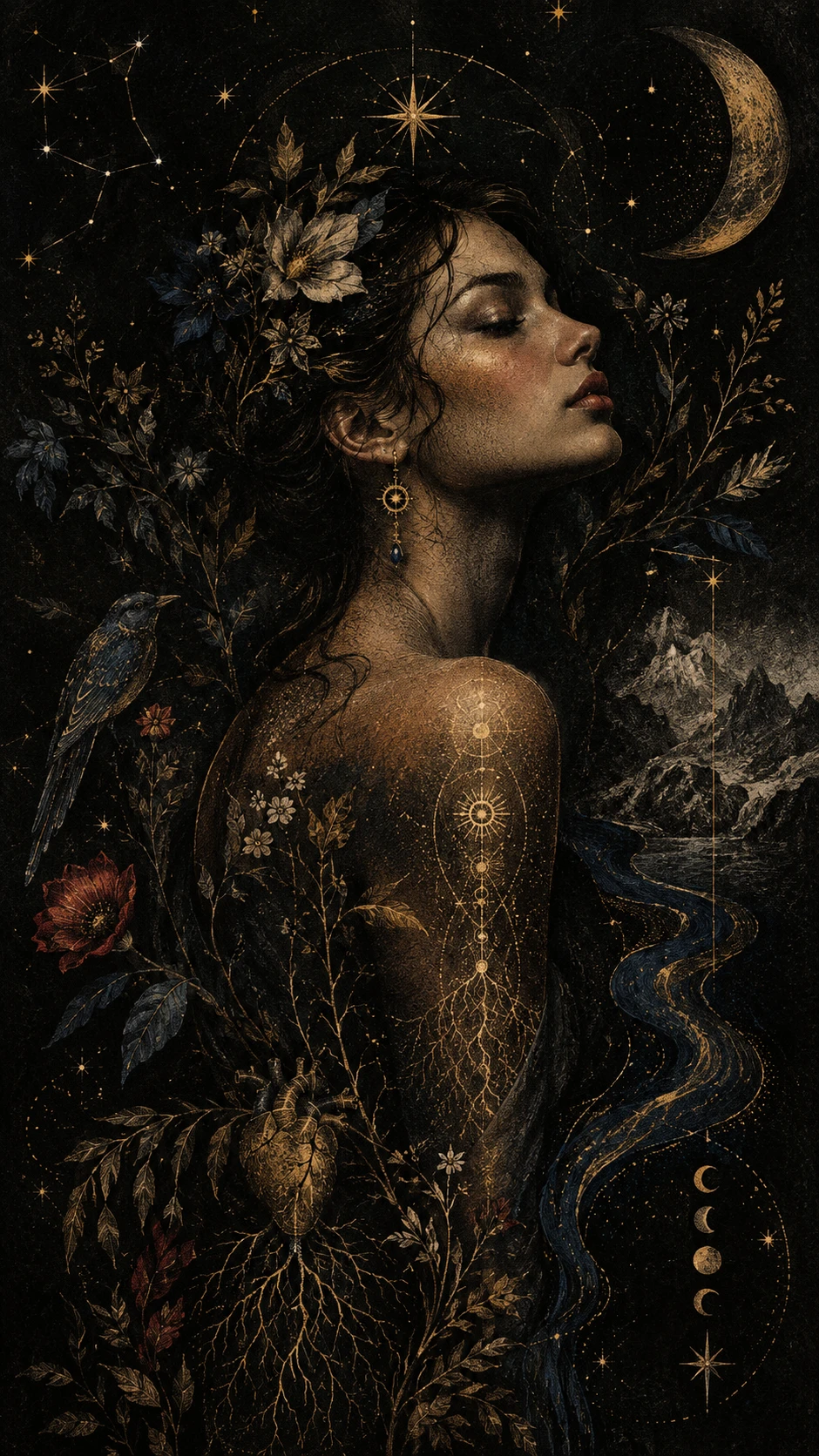 Stippling forms constellations and botanical diagrams against near-black darkness