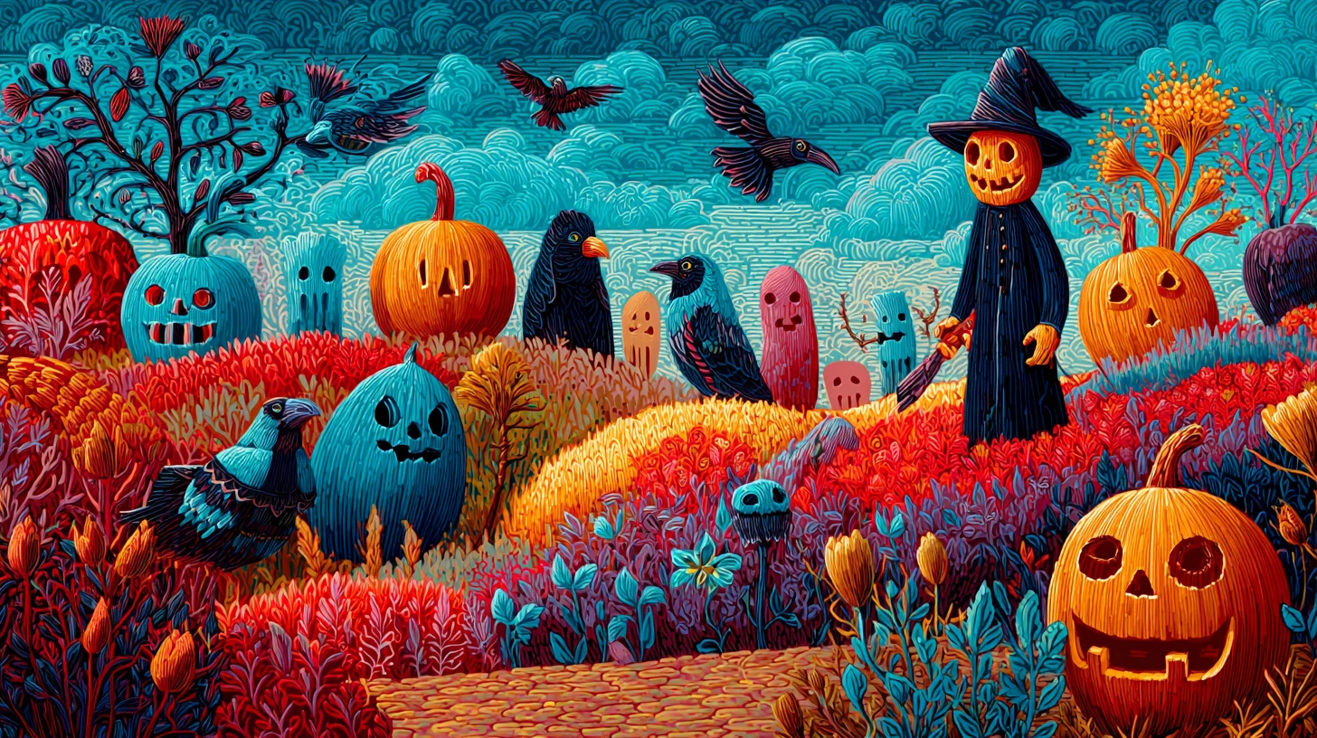Um campo de Halloween repleto de abóboras esculpidas, corvos, fantasmas e uma bruxa