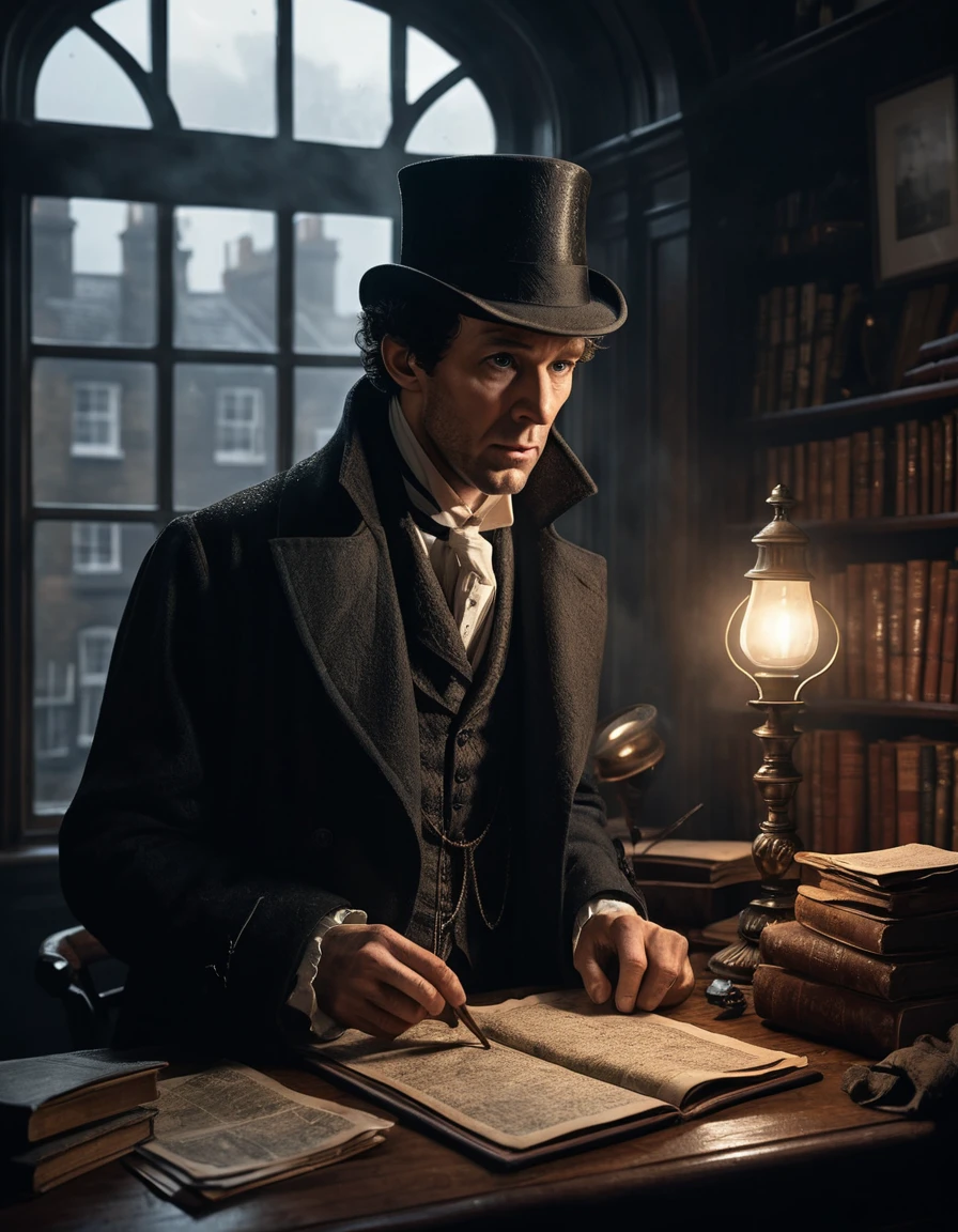 Sherlock Holmes esamina gli indizi in uno studio piovoso nella Londra vittoriana