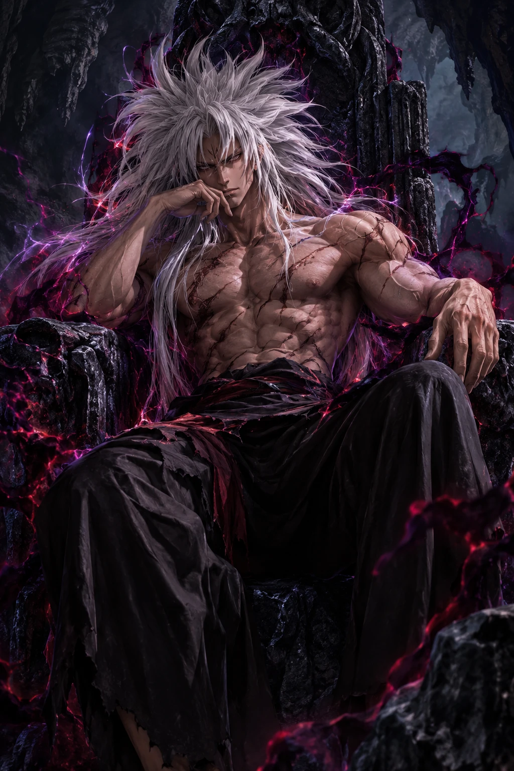 Raizen, the white-haired demon king on a throne in a cave