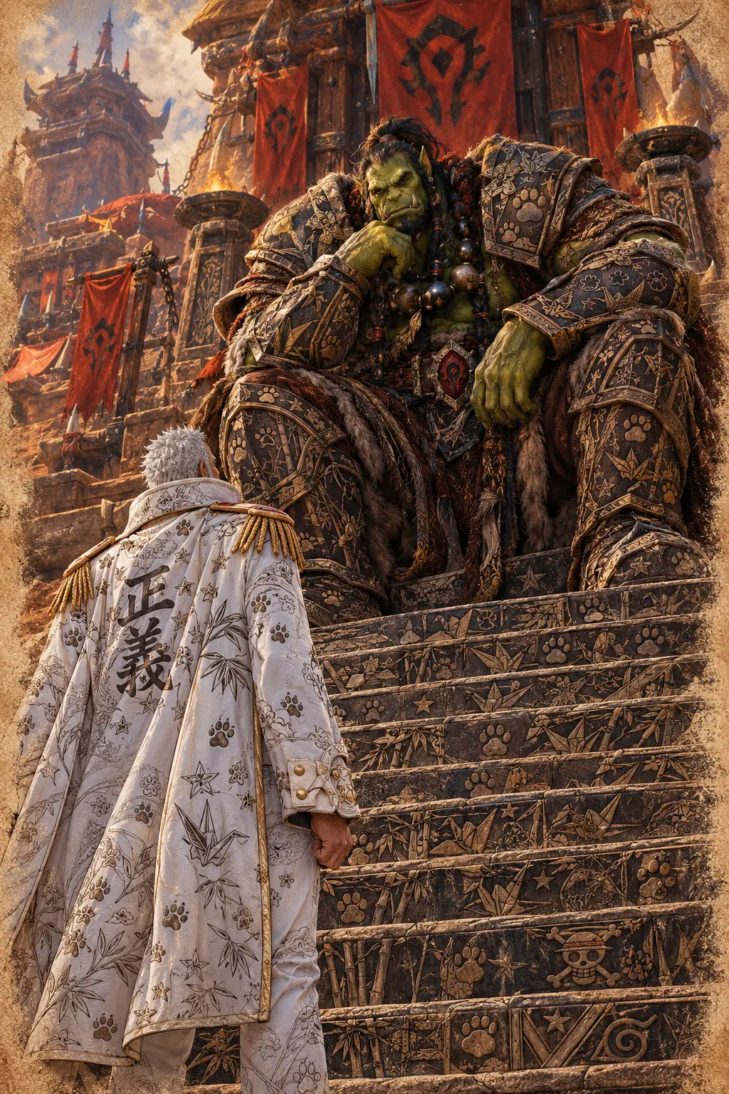 Thrall sits above Garp on Orgrimmar’s grand stone stairway