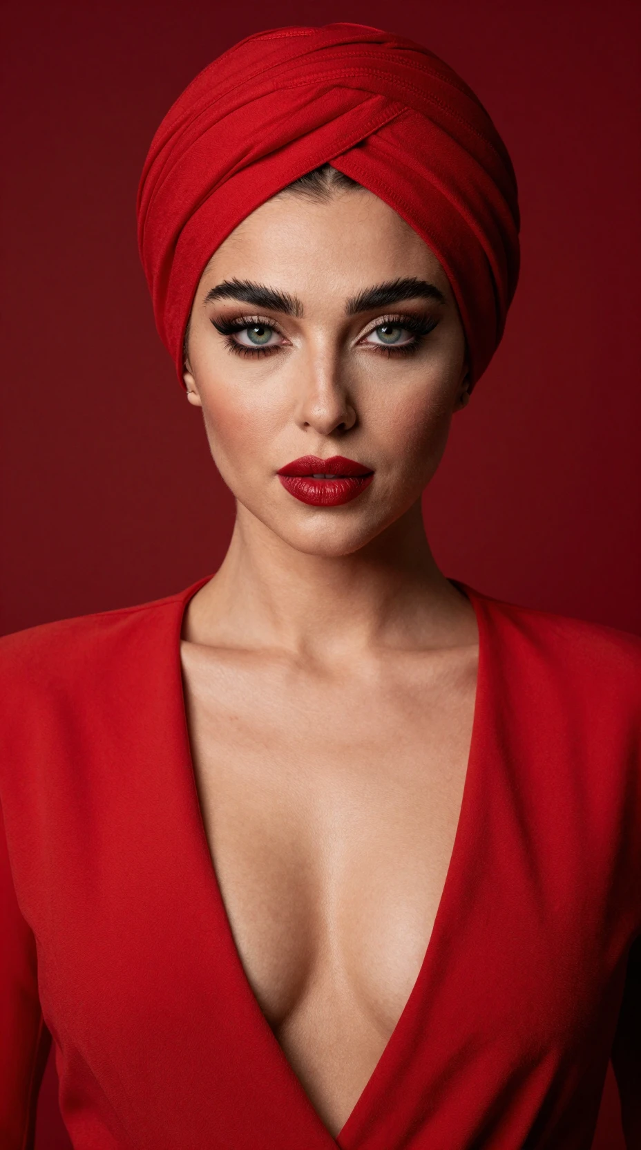 Una joven con un turbante rojo mira a la cámara