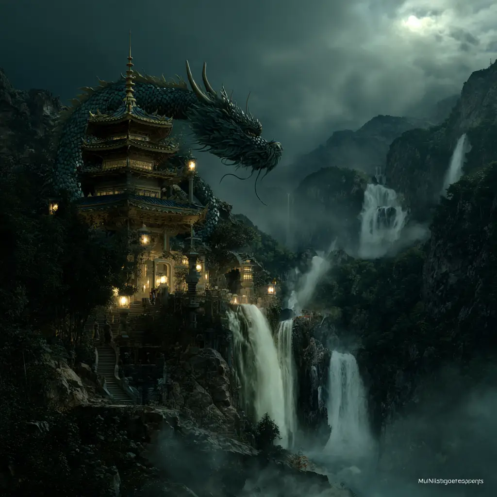 Ein gewaltiger Drache bewacht einen heiligen Bergtempel zwischen uralten Pagoden