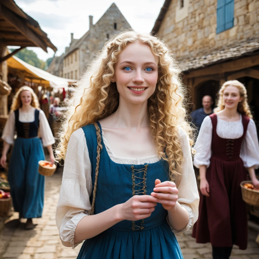 Uma jovem passeia por uma feira medieval numa vila
