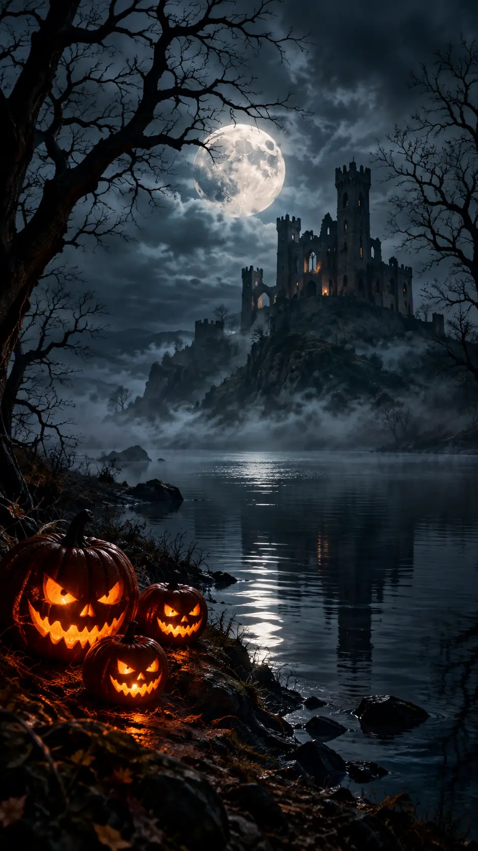 Abóboras iluminadas em forma de lanternas de Halloween clareiam um castelo ao luar junto à água escura