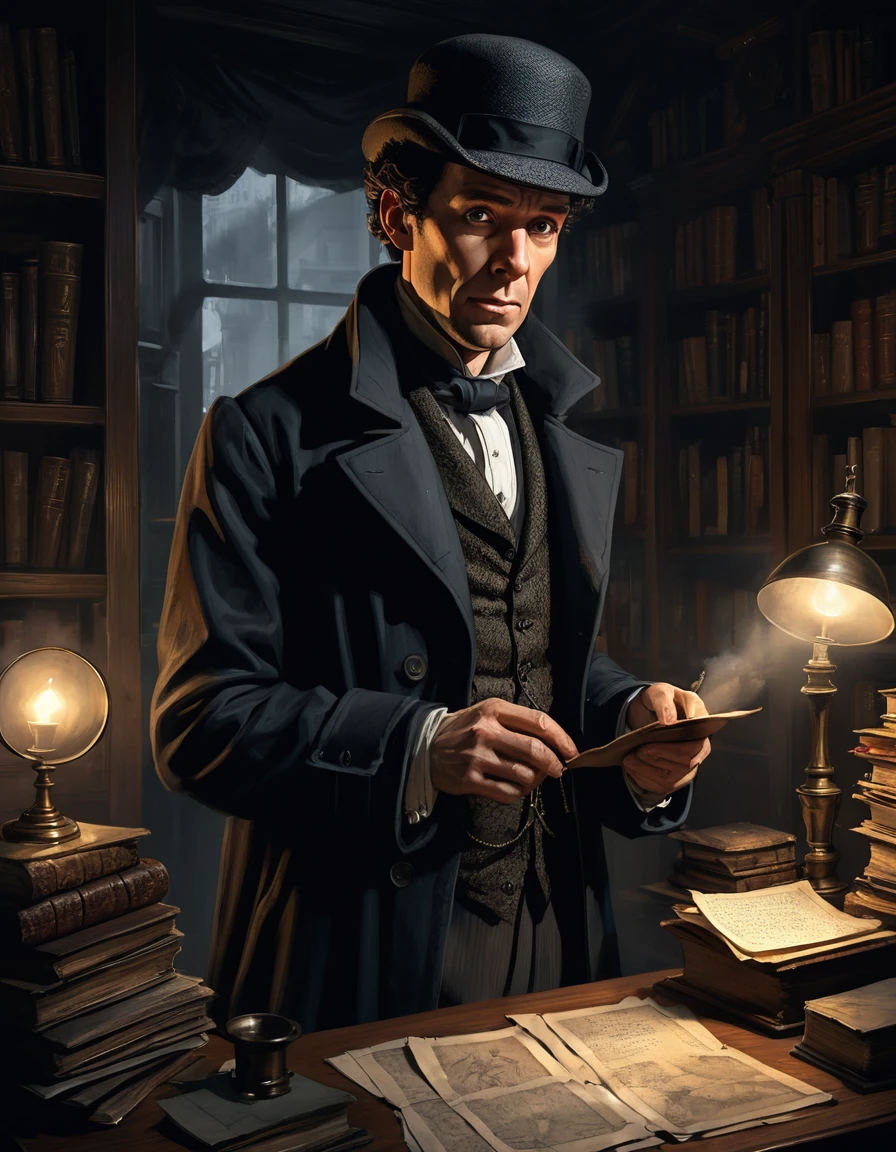 Sherlock Holmes examina pistas en un estudio victoriano con poca luz