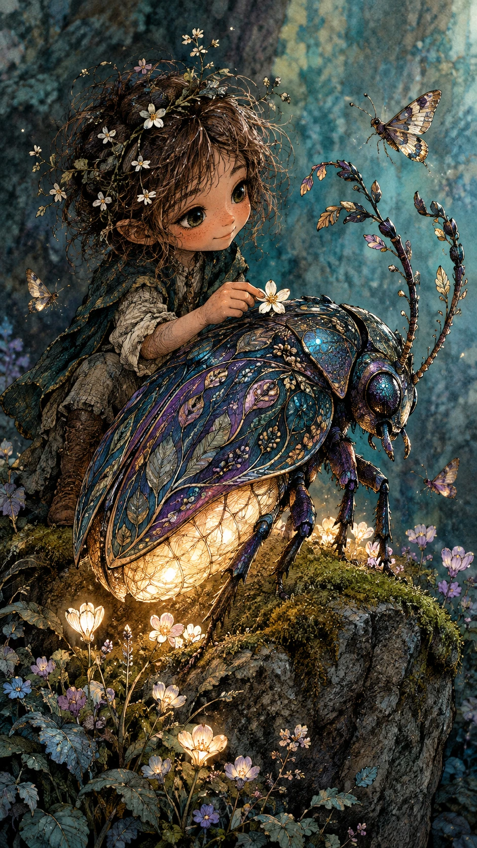 宝石のような色合いに輝く甲虫が、森の子どもと苔むした石を分かち合う
