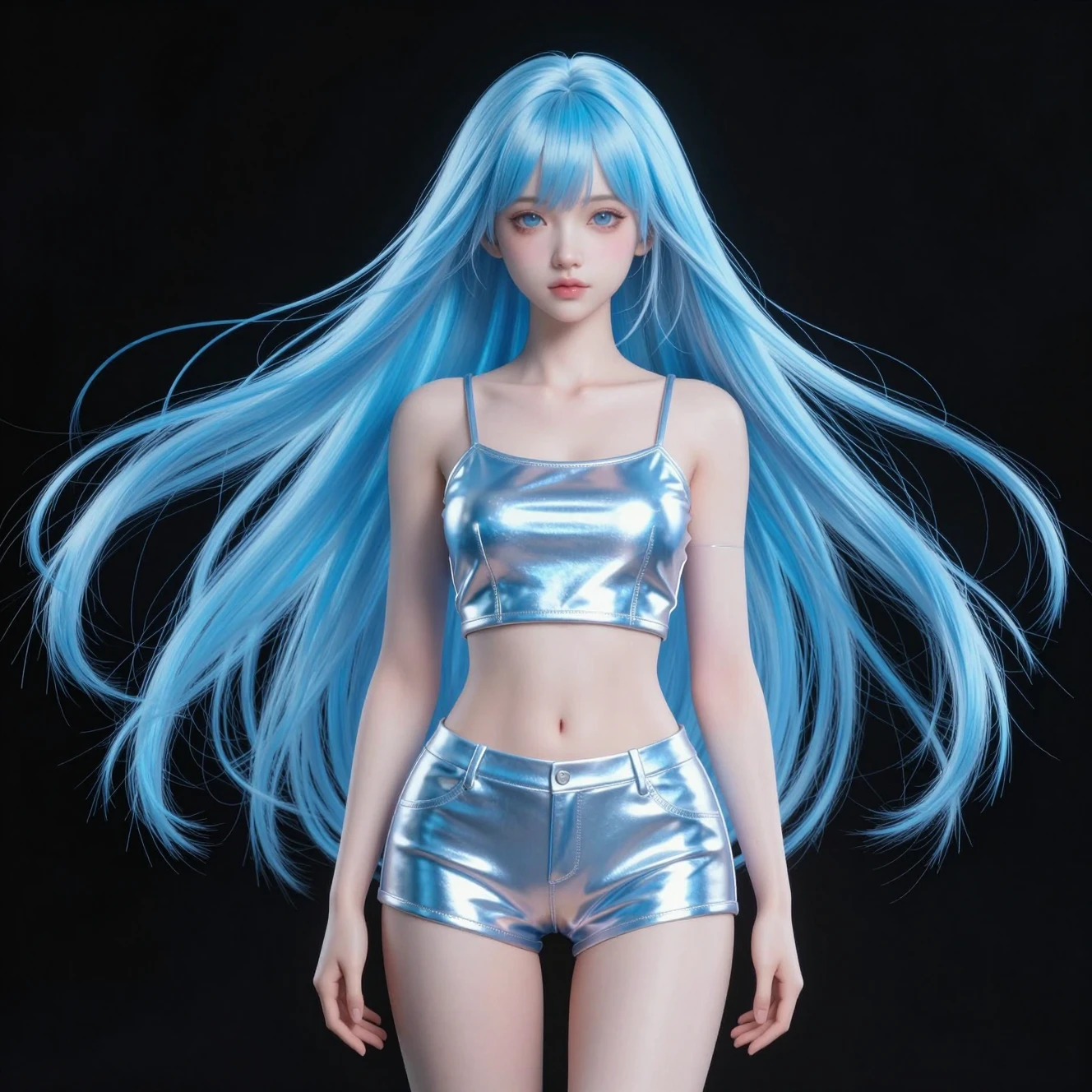 Uma mulher japonesa com cabelos azuis esvoaçantes em um visual futurista prateado