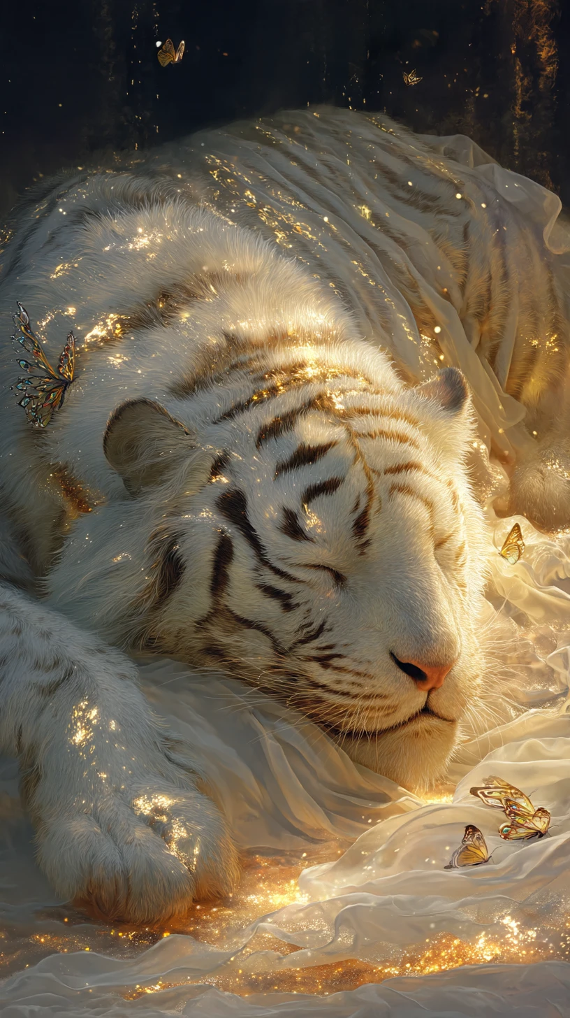 Ein kolossaler weißer Tiger ruht in einer nächtlichen Szene des alten China