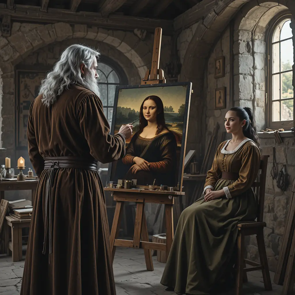 Un peintre de la Renaissance travaille sur la Joconde dans son atelier