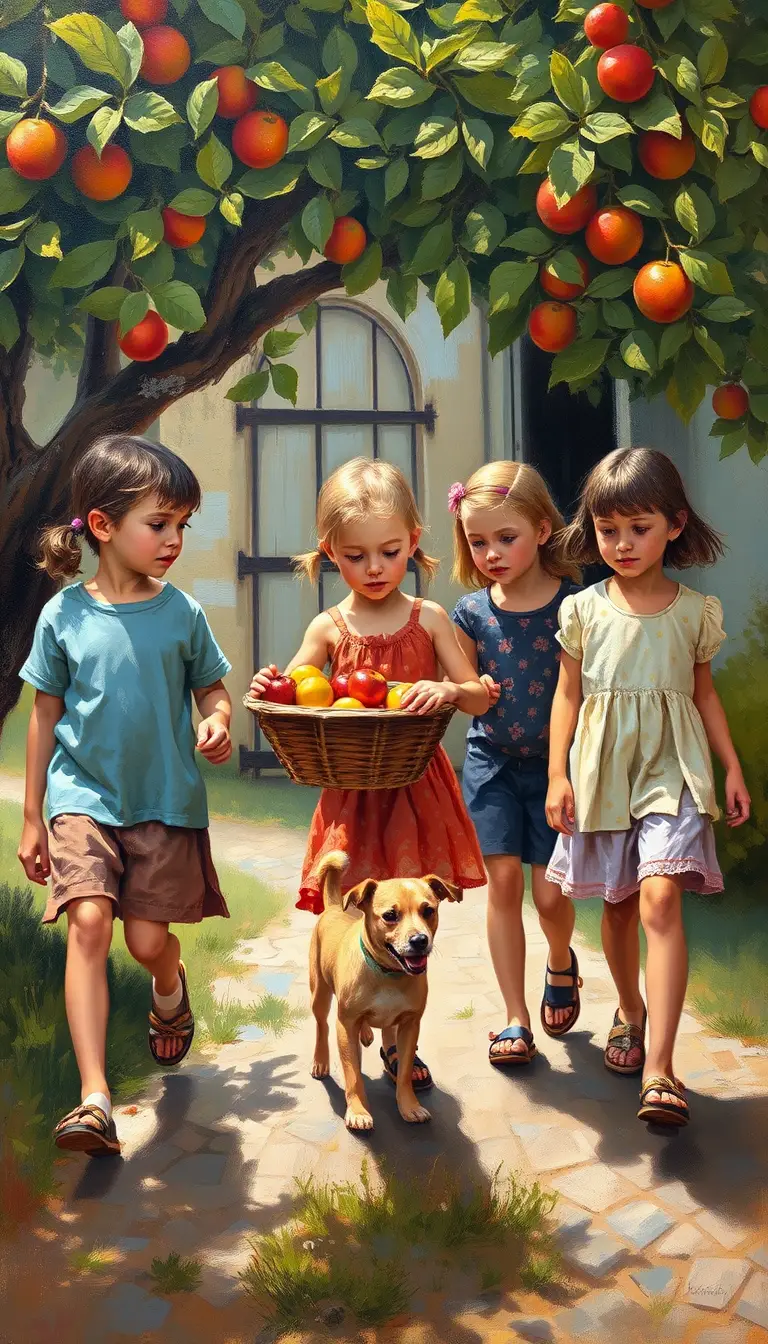 Children Bring Freshly Picked Fruit to an Elderly Man in an Orchard