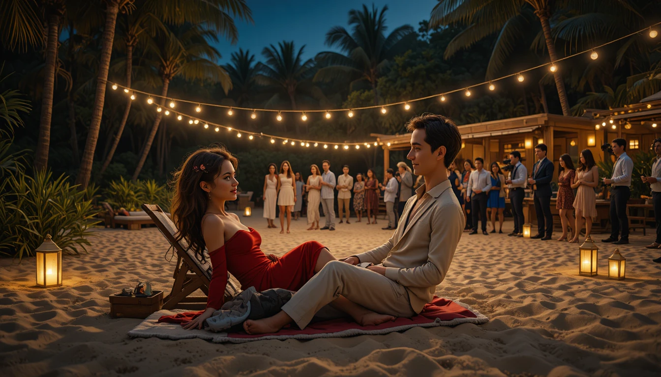 A Couple Unwinds On Lounge Chairs Along A Sandy Beach At Night