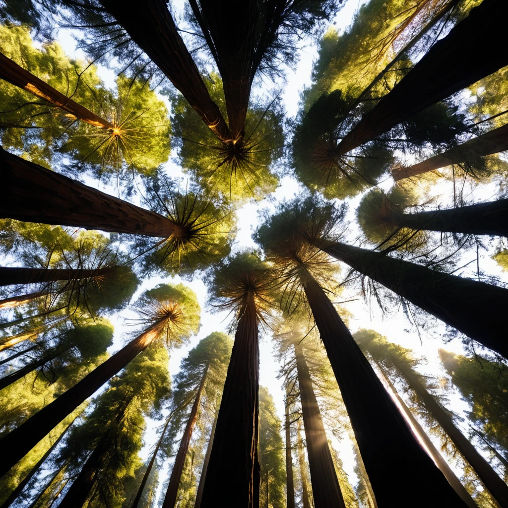 Mammutbäume ragen hoch empor, während goldenes Sonnenlicht das dichte Blätterdach des Waldes durchdringt