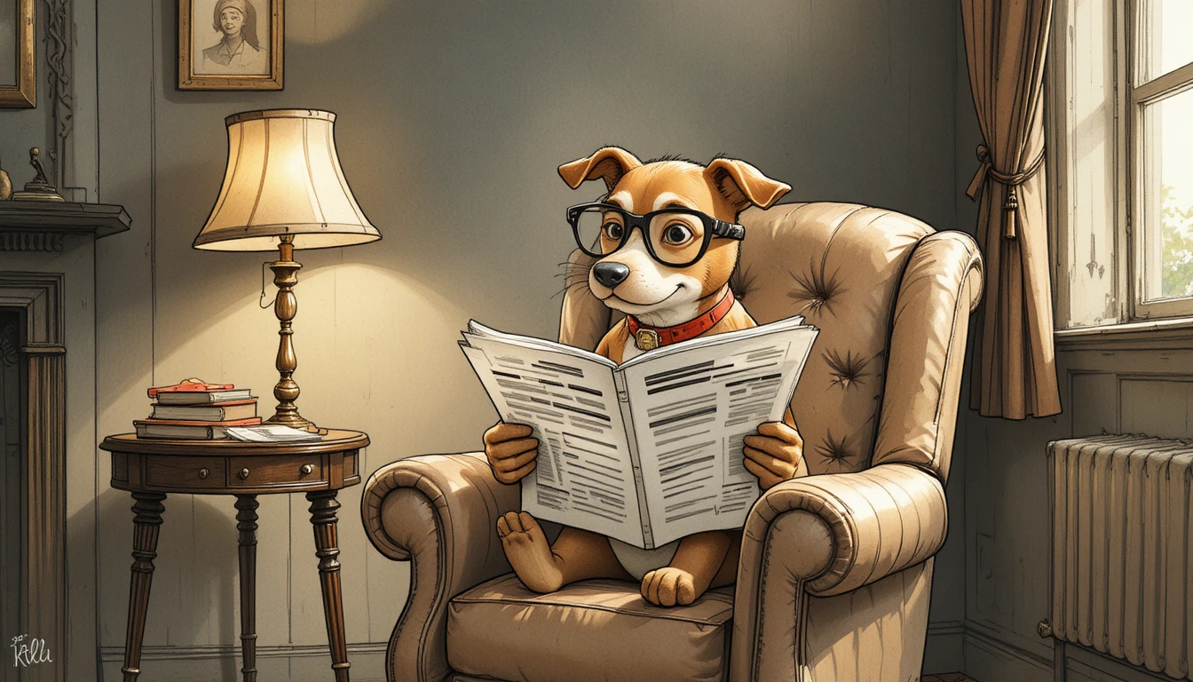 Um cão de óculos lê o jornal numa poltrona confortável