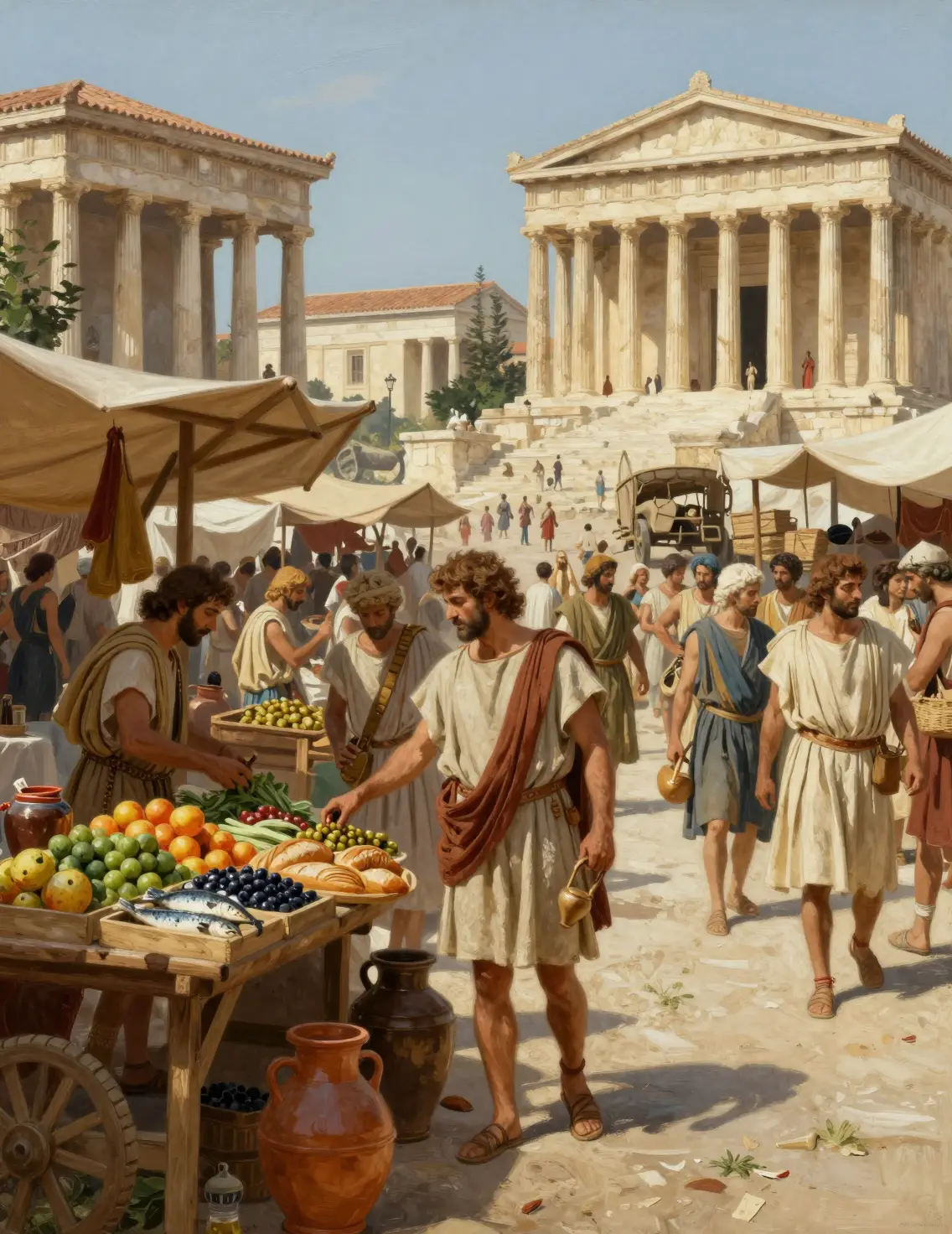 Merchants gather around stalls in an ancient Greek marketplace