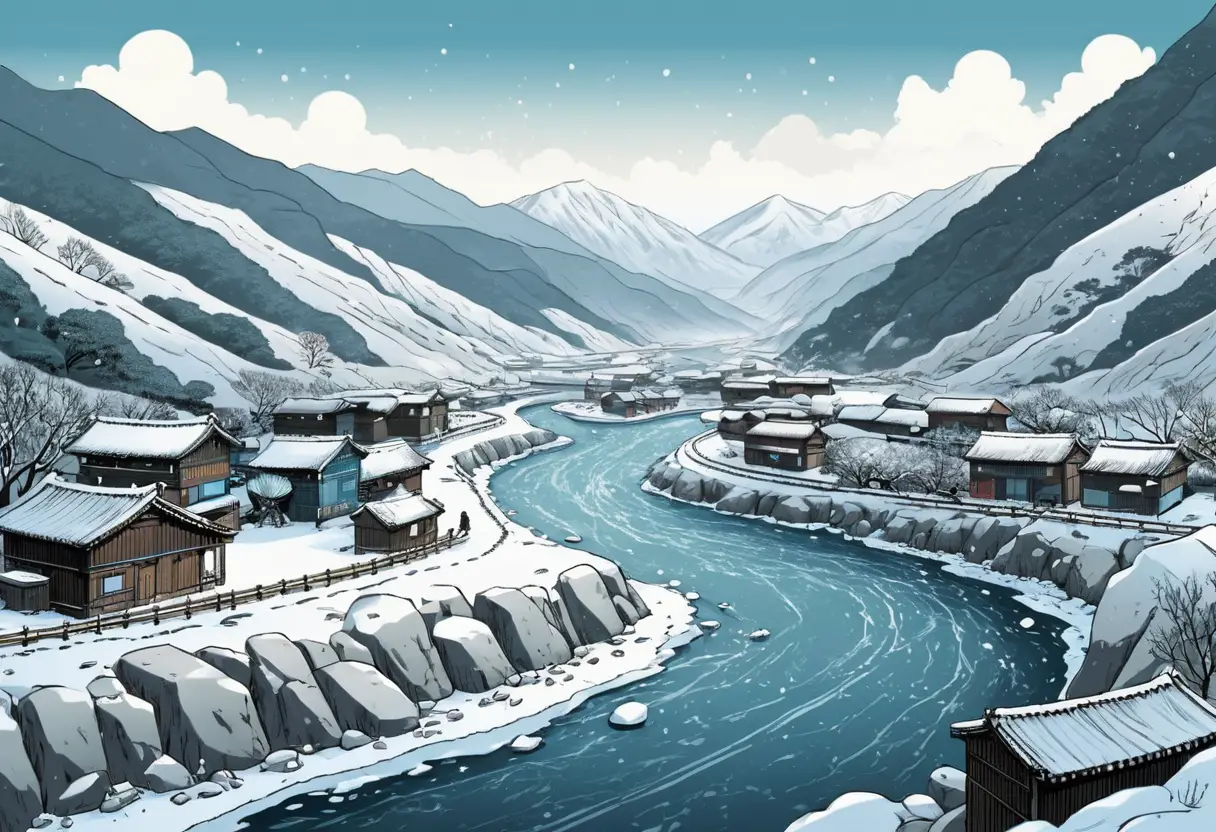 Um rio congelado sob montanhas cobertas de neve na Coreia