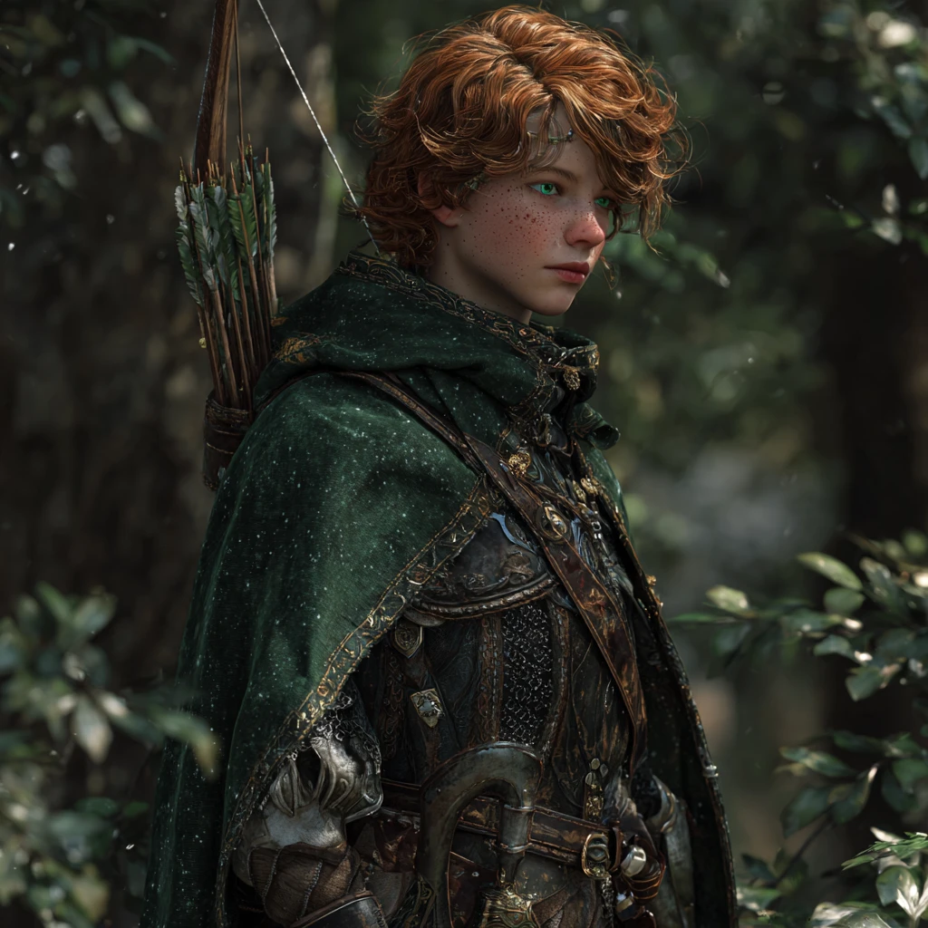 Une archère rousse et couverte de taches de rousseur tient un arc long magique et porte une armure de cuir